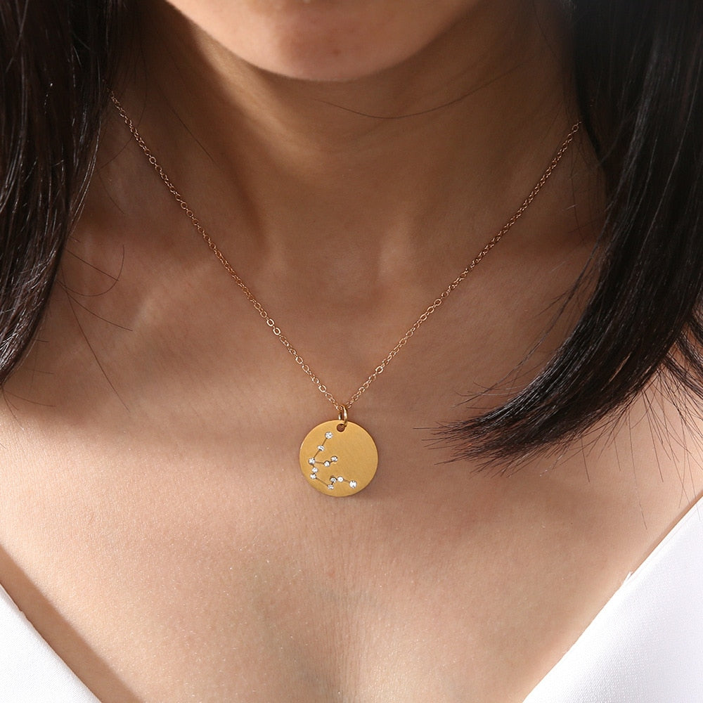 Minimalist Zodiac Sign Necklace | Gold/Silver 12 Constellations, Astrology Rhinestone Pendant