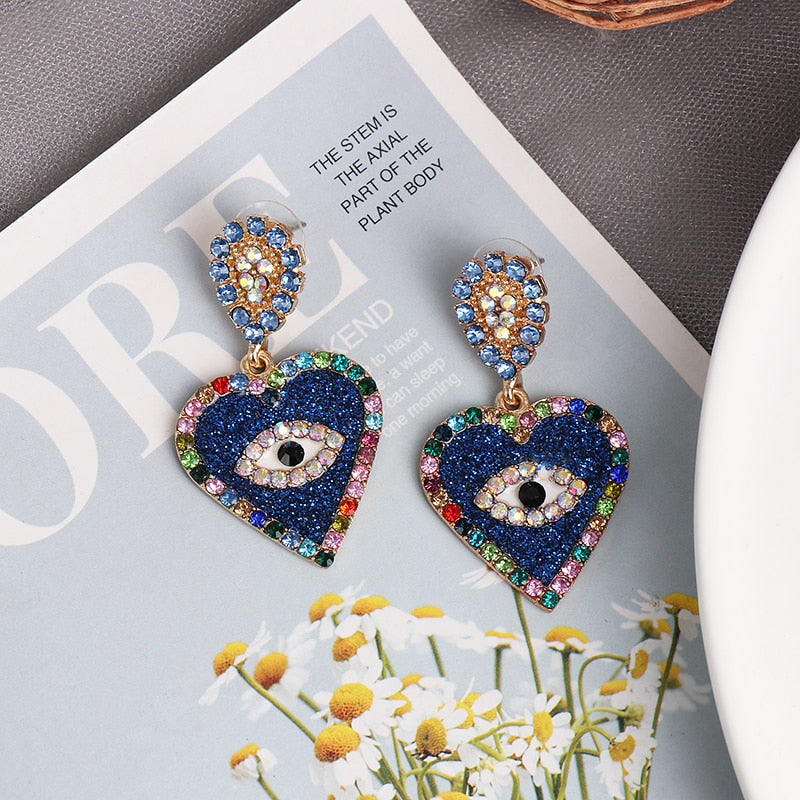 Evil Eye Crustal Heart Earrings (Red & Blue) | Spiritual Jewelry