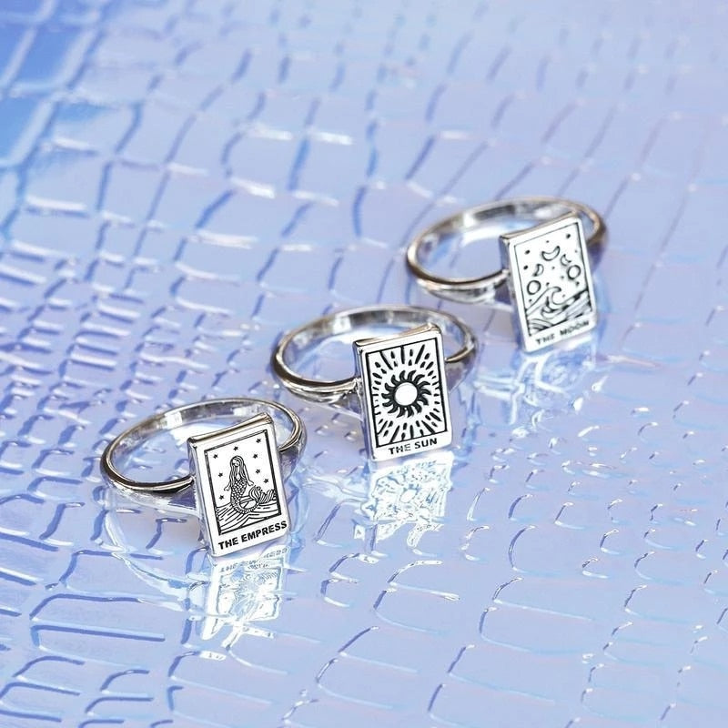 Carved Silver Tarot Card Necklace & Ring | The Sun, The Moon, The Empress