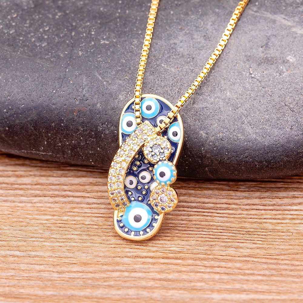 Enamel Evil Eye Flip-Flop - Sandal - Slipper Pendant and Necklace