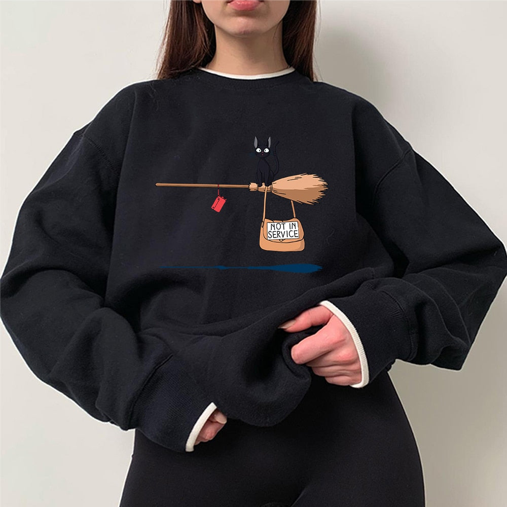 Cute Cat 'Not In Service' Print Hoodies | Casual Crewneck Sweatshirt for Women & Witches