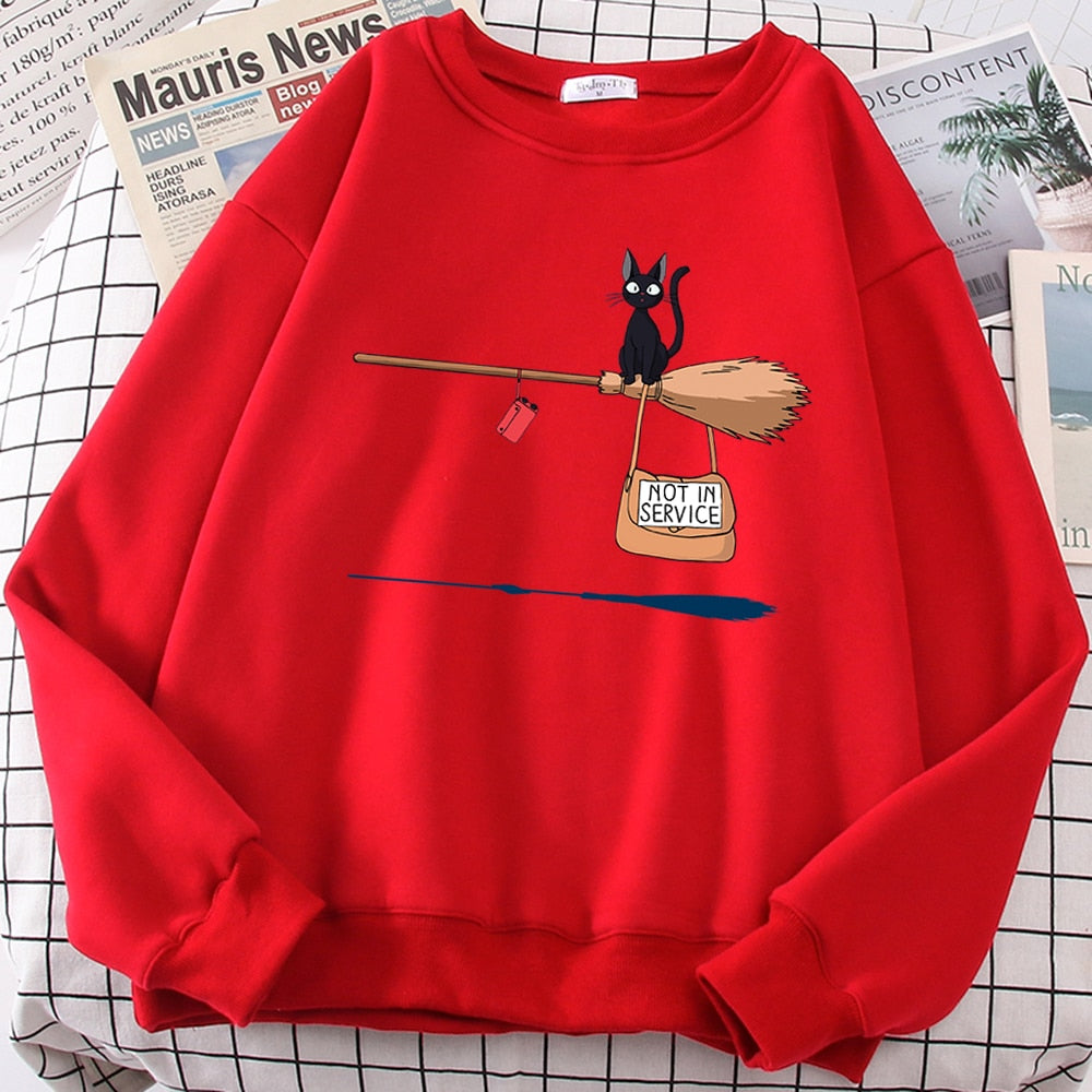 Cute Cat 'Not In Service' Print Hoodies | Casual Crewneck Sweatshirt for Women & Witches