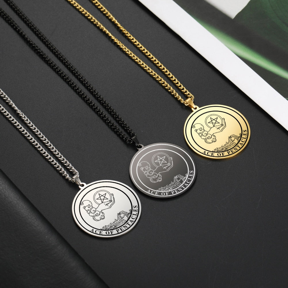 'Ace of Pentacles' Tarot Card, Minor Arcana Round Pendant - Necklace | Jewelry