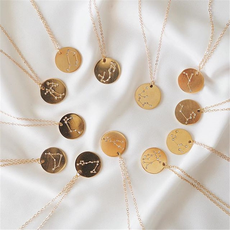 Minimalist Zodiac Sign Necklace | Gold/Silver 12 Constellations, Astrology Rhinestone Pendant