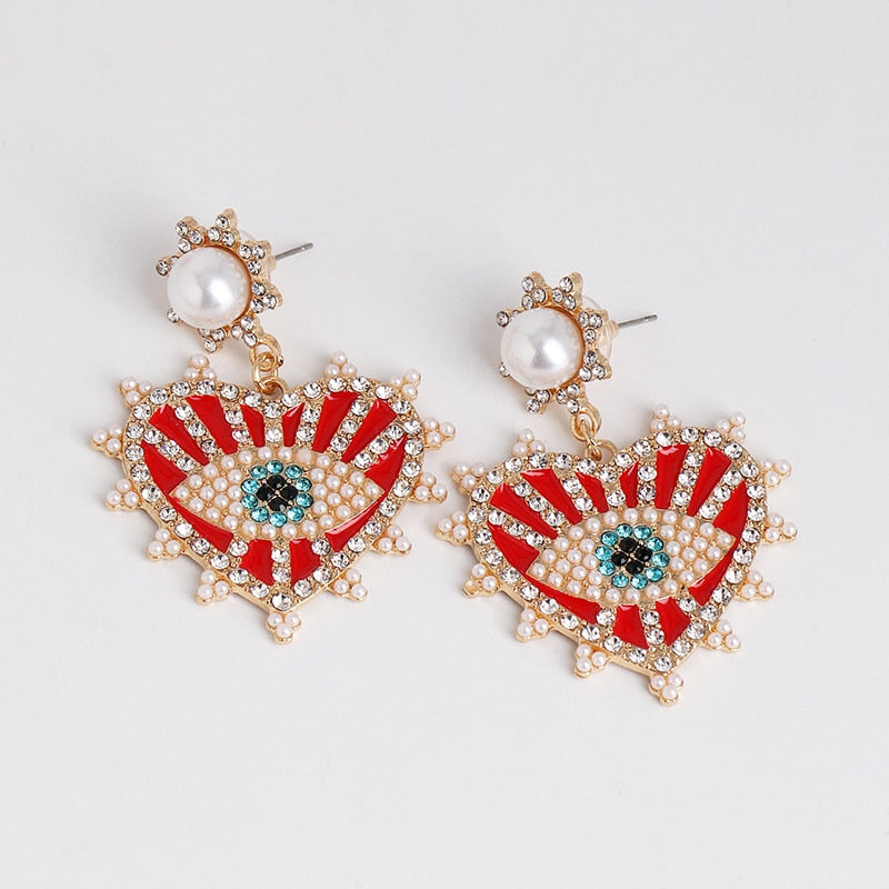 Evil Eye Crystal Heart Earrings (Black, Red, Yellow, Green) | Spiritual Jewelry