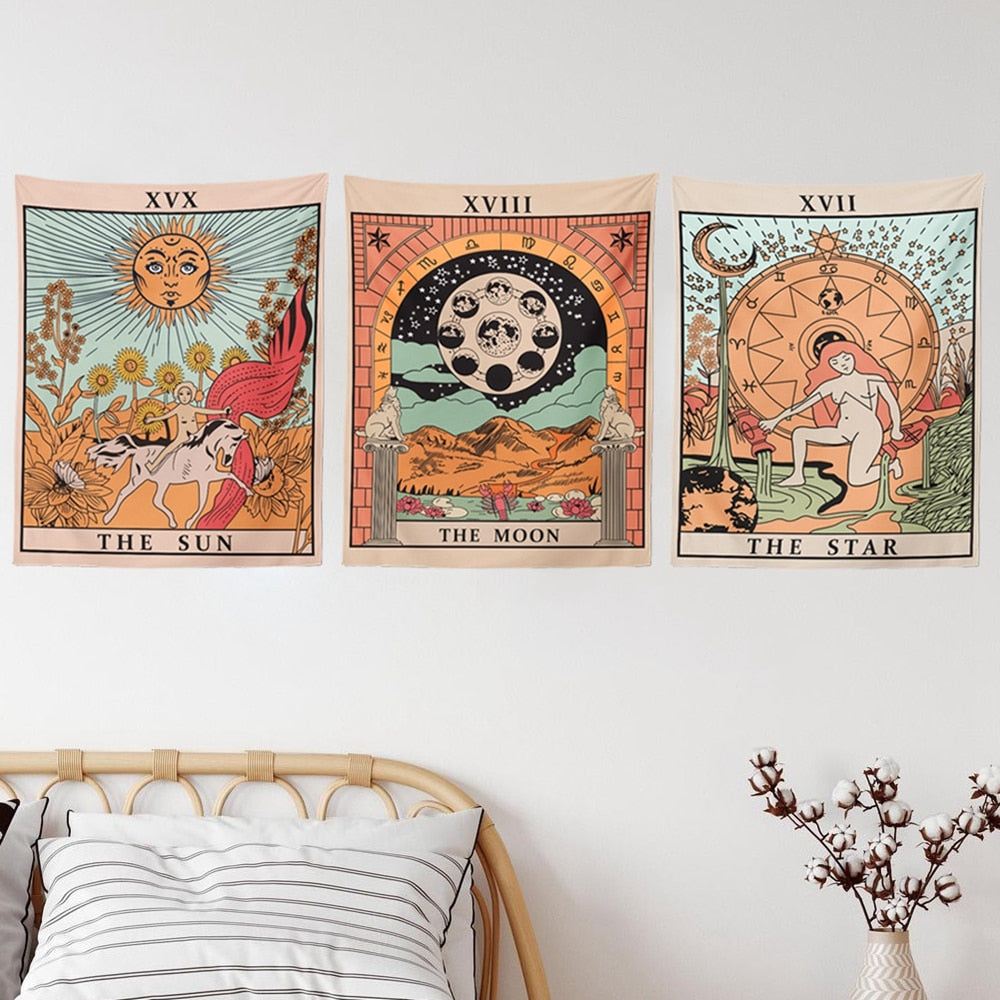 Tarot Flag Tapestry - The Sun, The Moon and The Star - Bohemian Cotton Printed Hand Made Wall Hanging Tapestries ,Pack of 3