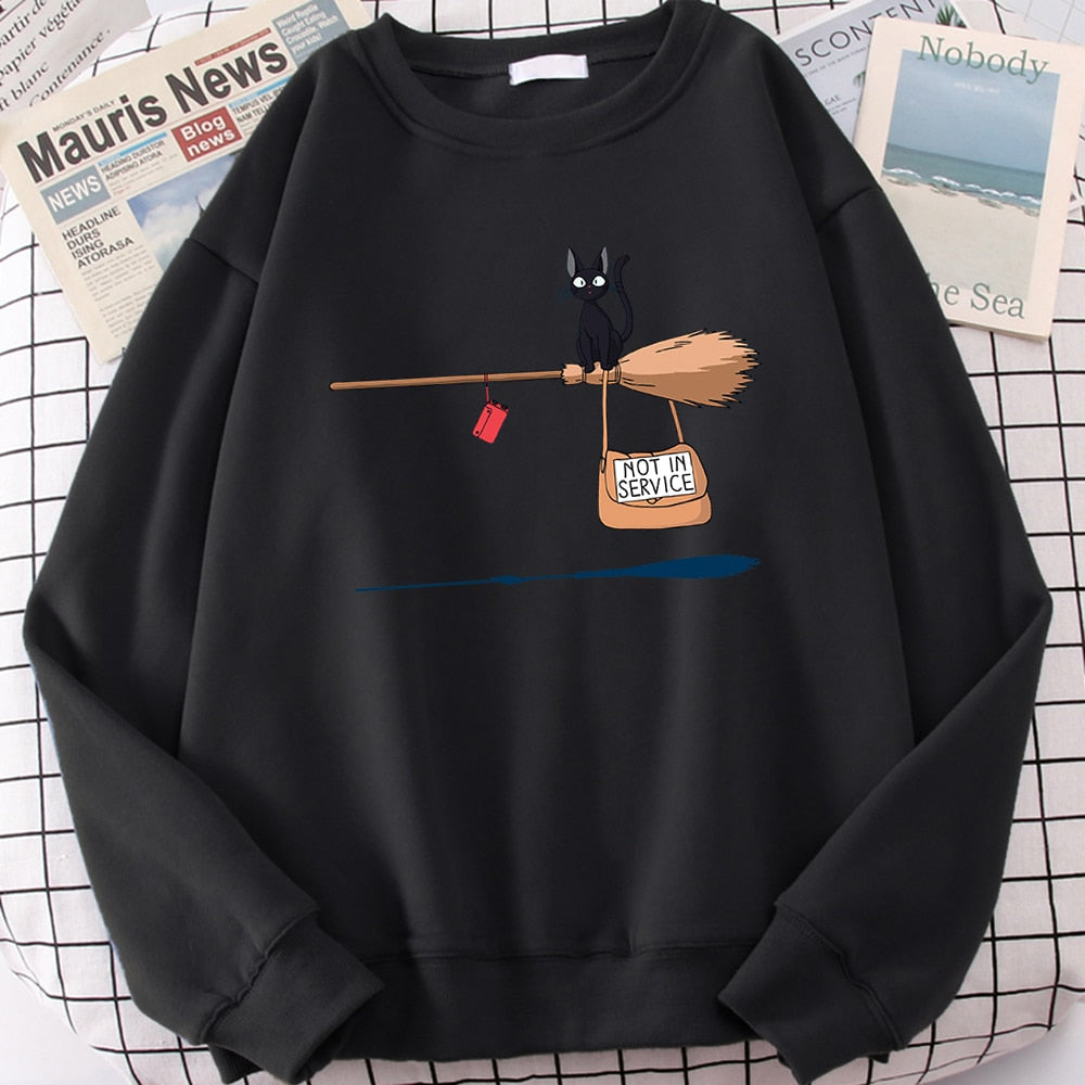 Cute Cat 'Not In Service' Print Hoodies | Casual Crewneck Sweatshirt for Women & Witches