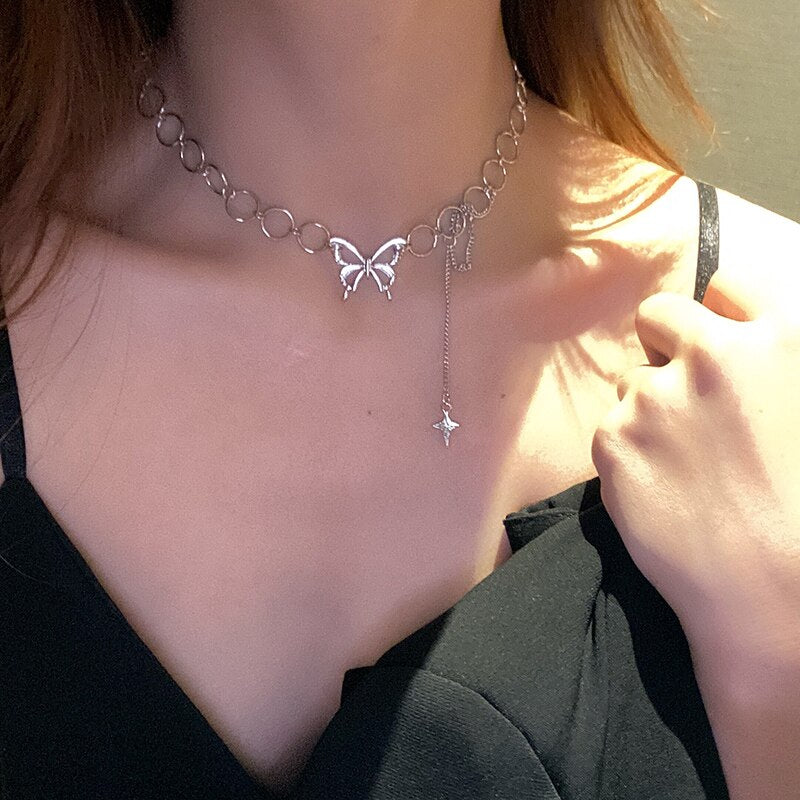 Punk Butterfly Choker Necklace | Stainless Steel Star Pendant