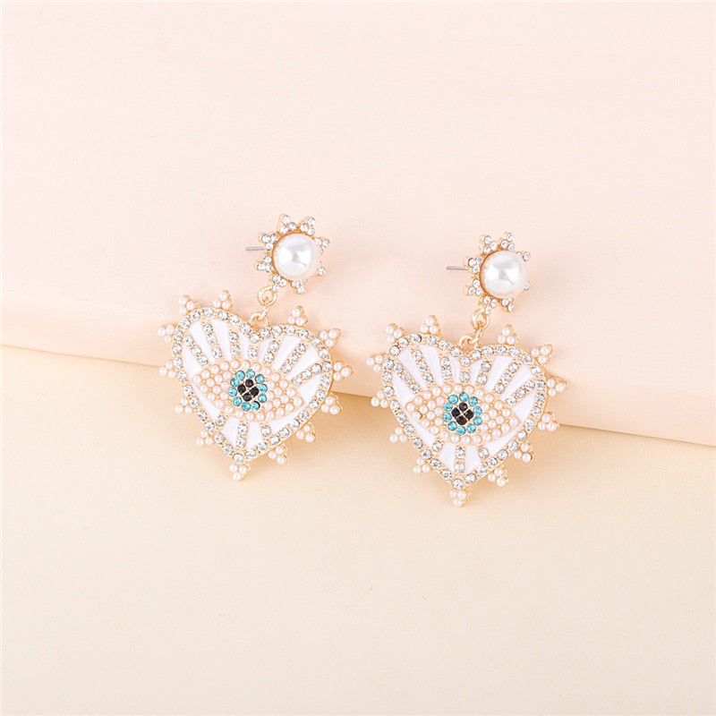 Evil Eye Crystal Pearl Heart Drop Earrings | Spiritual Jewelry