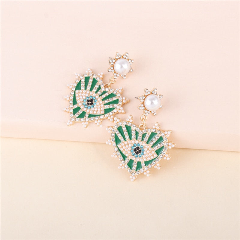 Evil Eye Crystal Pearl Heart Drop Earrings | Spiritual Jewelry