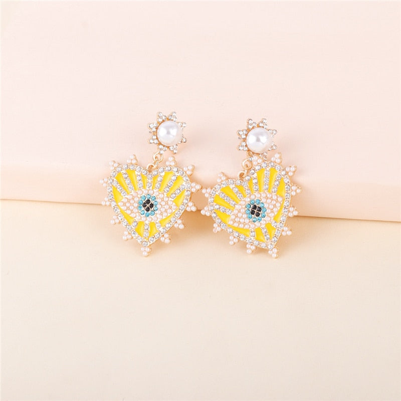Evil Eye Crystal Pearl Heart Drop Earrings | Spiritual Jewelry