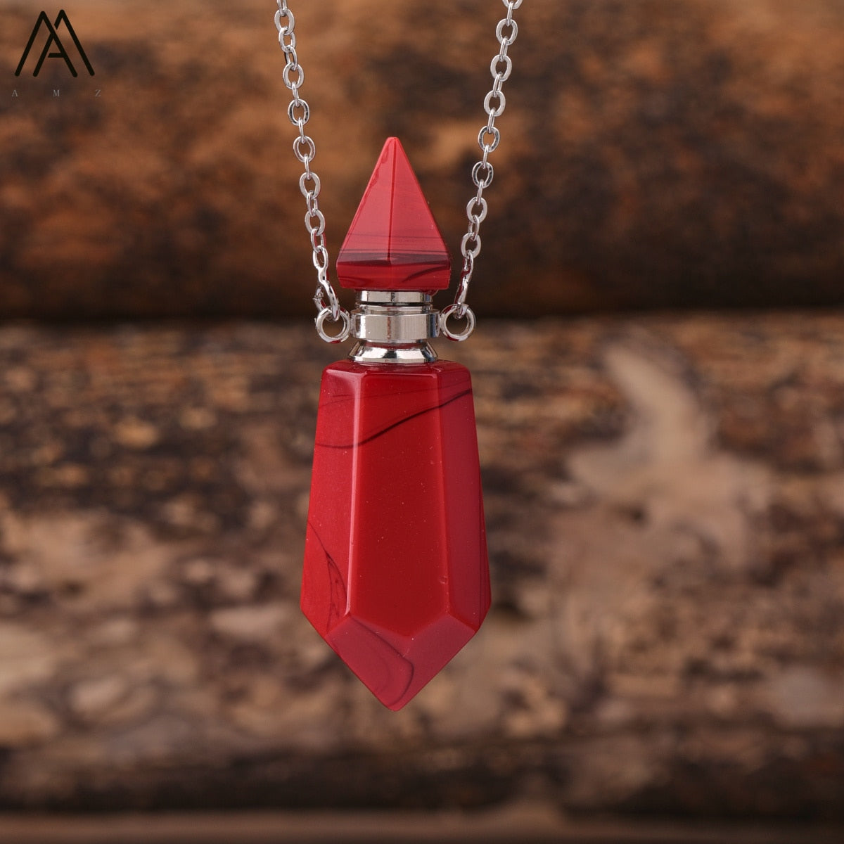 Natural Gems Stone Faceted Prism Perfume Bottle Pendants Necklace,Cut Hexagon Points Crystal Essential Oil Diffuser Vial Charms