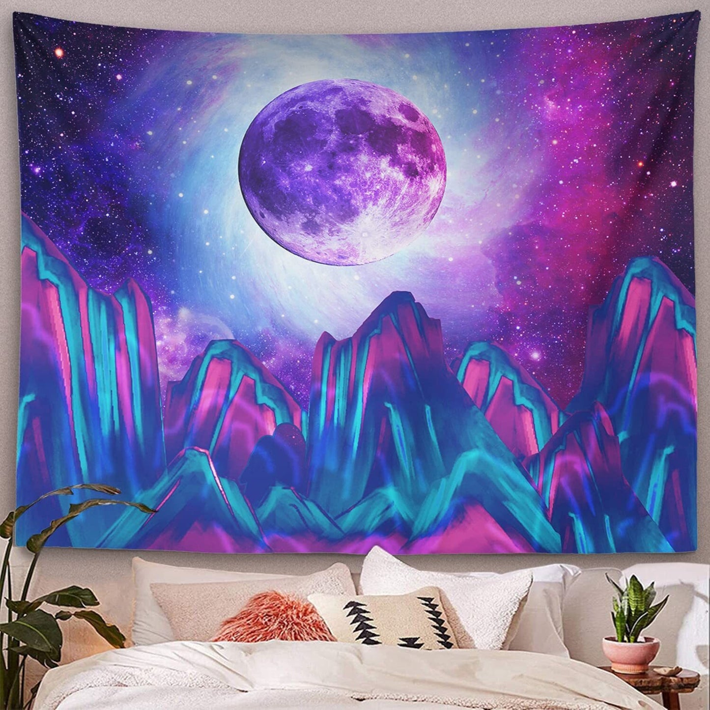 Mountain Moon Psychedelic Tapestry Milky Way Hanging Cloth Uv Reactive Universe Space Blue Starry Sky Wall Hanging Room Decor