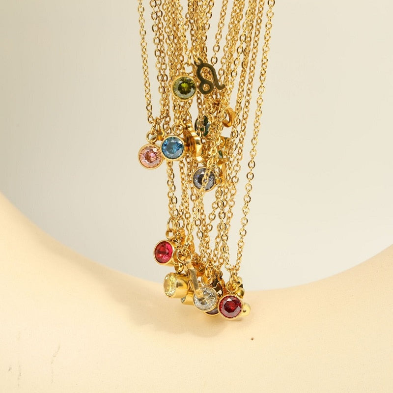 12 Constellation Birthstone Stainless Steel Necklace - Pendant | Astrology Jewelry