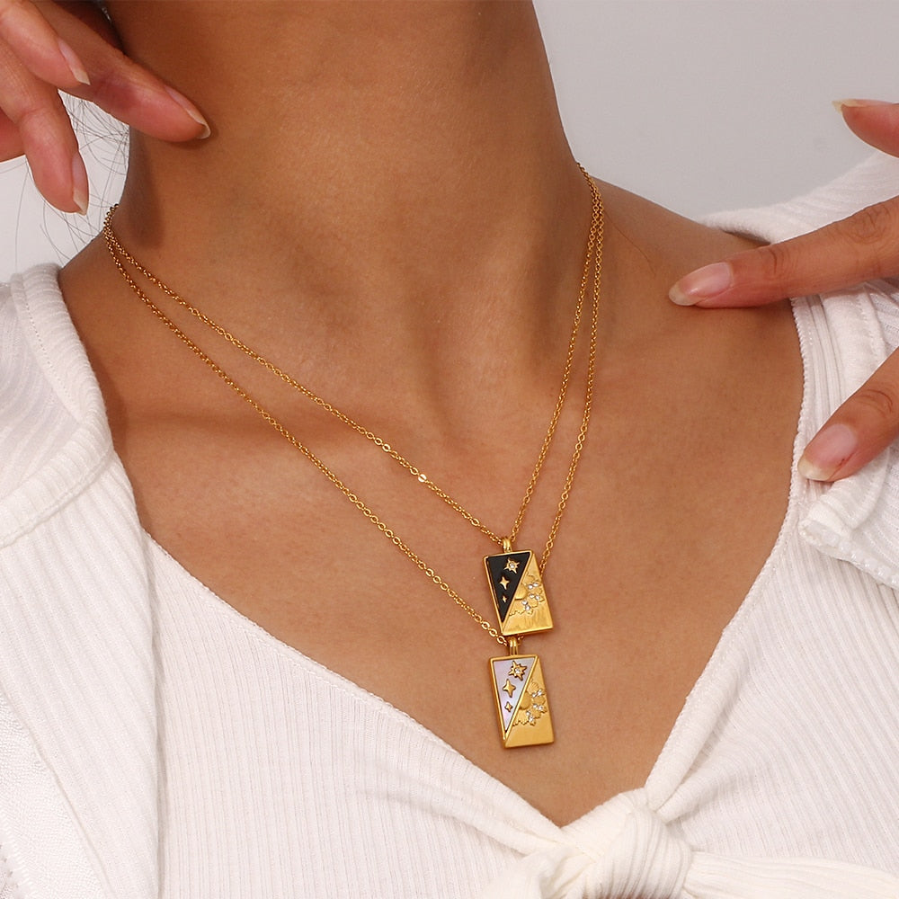 Starry Gold Black & White Dainty Necklace | Celestial Design - Stars and Moon | Tarot Card - Astrology Jewelry