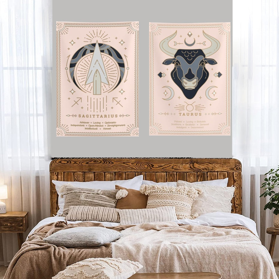 Pink Sun Moon Constellation Tapestry Wall Hanging Witchcraft Decor Bedroom Small Celestial Psychedelic Astrology Tapestry Fabric