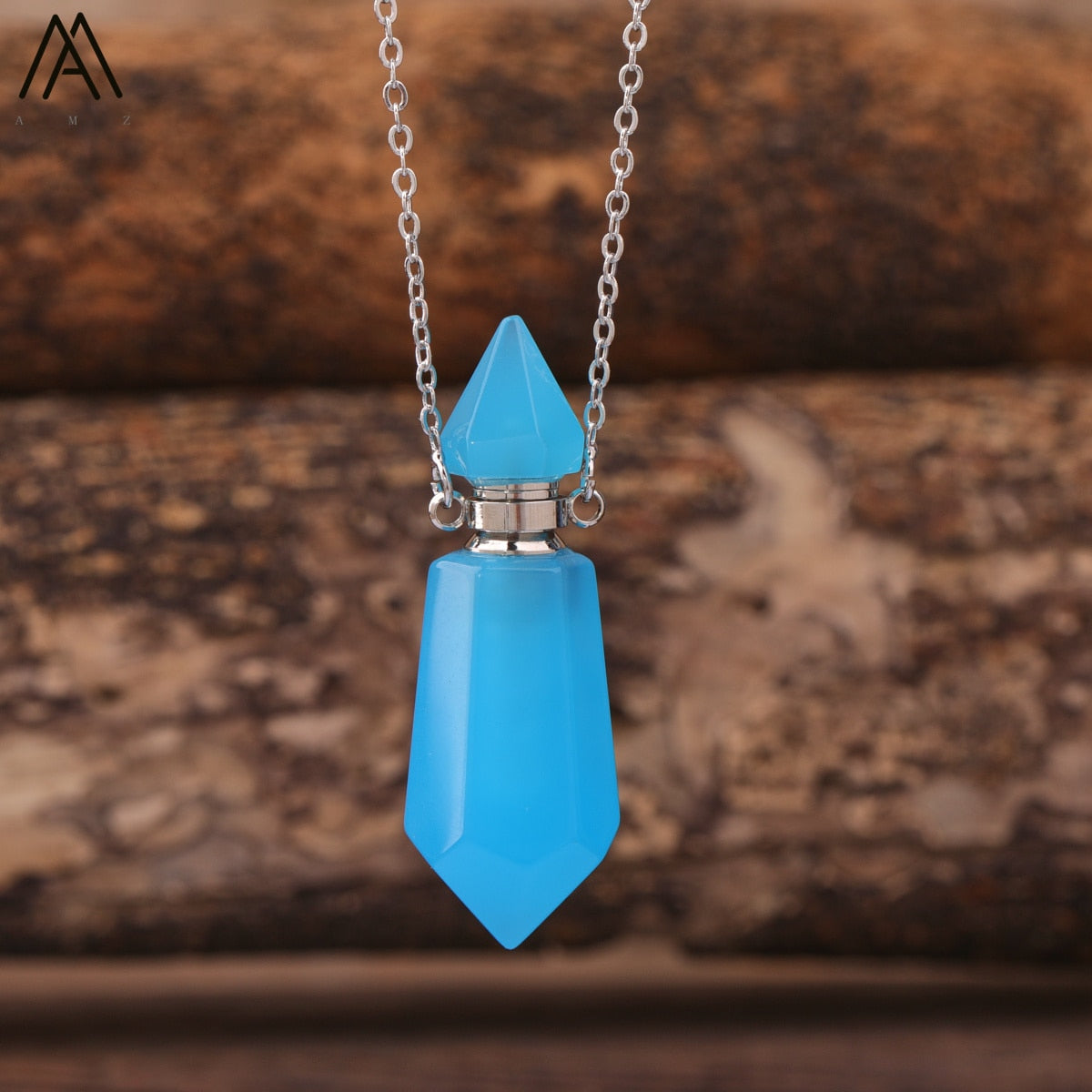 Natural Gems Stone Faceted Prism Perfume Bottle Pendants Necklace,Cut Hexagon Points Crystal Essential Oil Diffuser Vial Charms