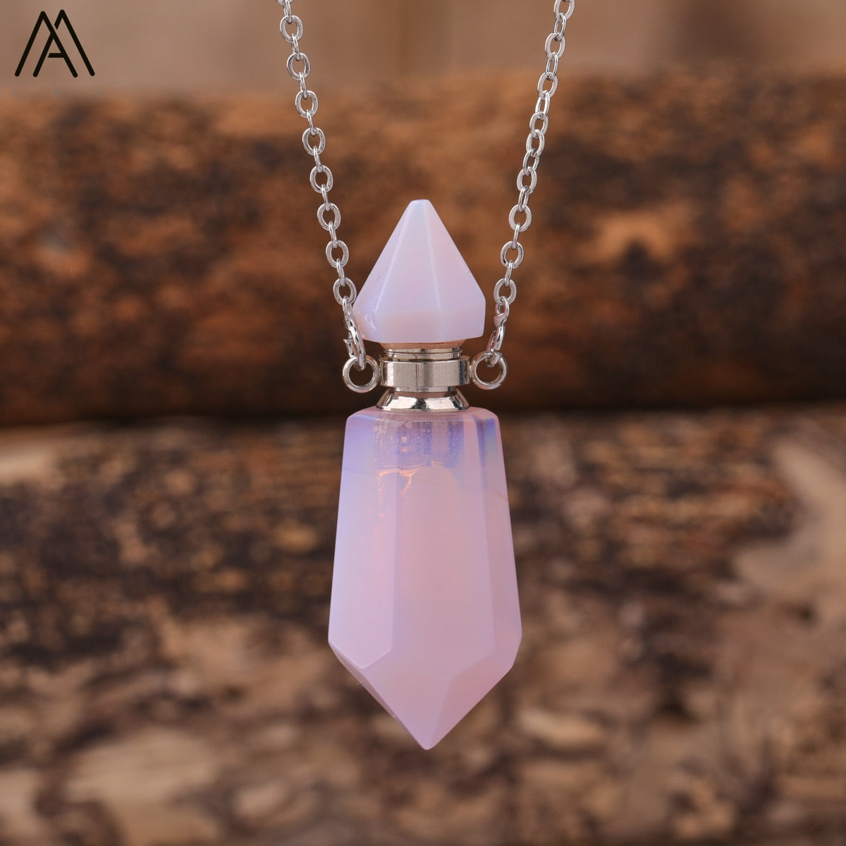 Natural Gems Stone Faceted Prism Perfume Bottle Pendants Necklace,Cut Hexagon Points Crystal Essential Oil Diffuser Vial Charms