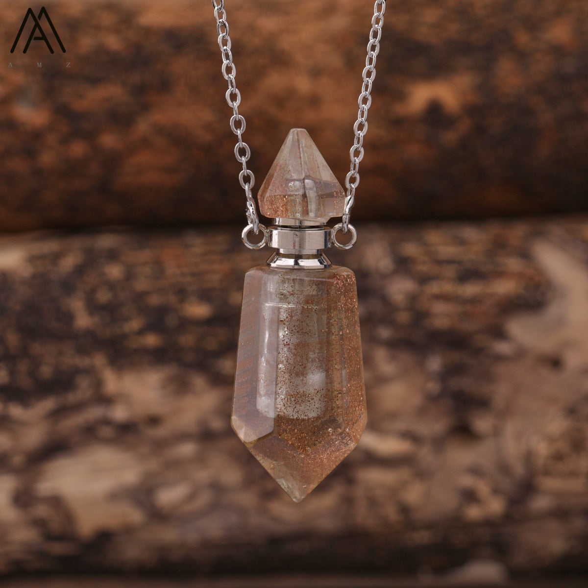 Natural Gems Stone Faceted Prism Perfume Bottle Pendants Necklace,Cut Hexagon Points Crystal Essential Oil Diffuser Vial Charms