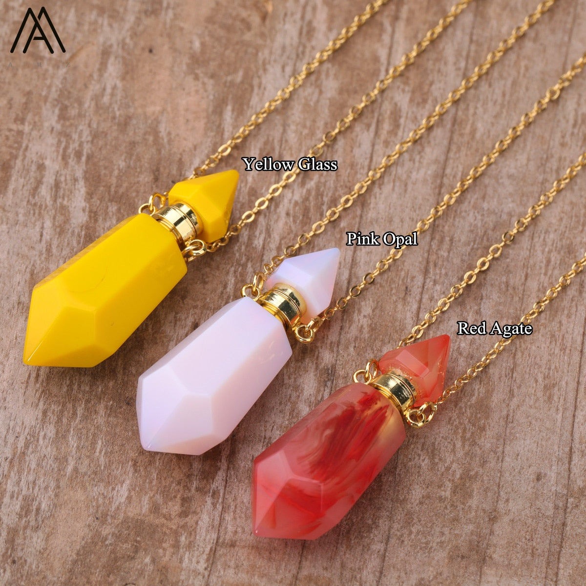 Natural Gems Stone Faceted Prism Perfume Bottle Pendants Necklace,Cut Hexagon Points Crystal Essential Oil Diffuser Vial Charms