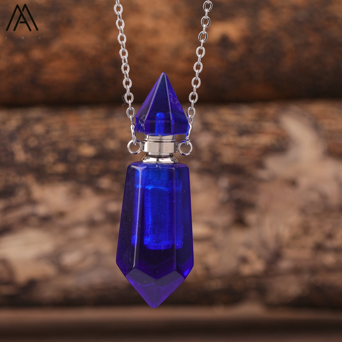 Natural Gems Stone Faceted Prism Perfume Bottle Pendants Necklace,Cut Hexagon Points Crystal Essential Oil Diffuser Vial Charms