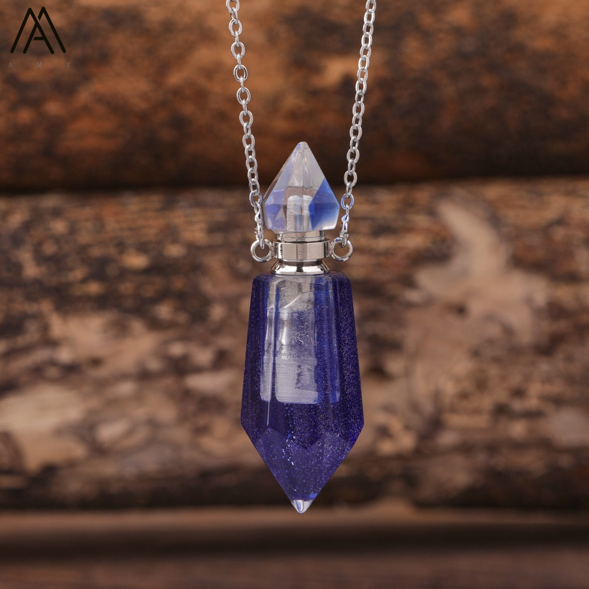 Natural Gems Stone Faceted Prism Perfume Bottle Pendants Necklace,Cut Hexagon Points Crystal Essential Oil Diffuser Vial Charms