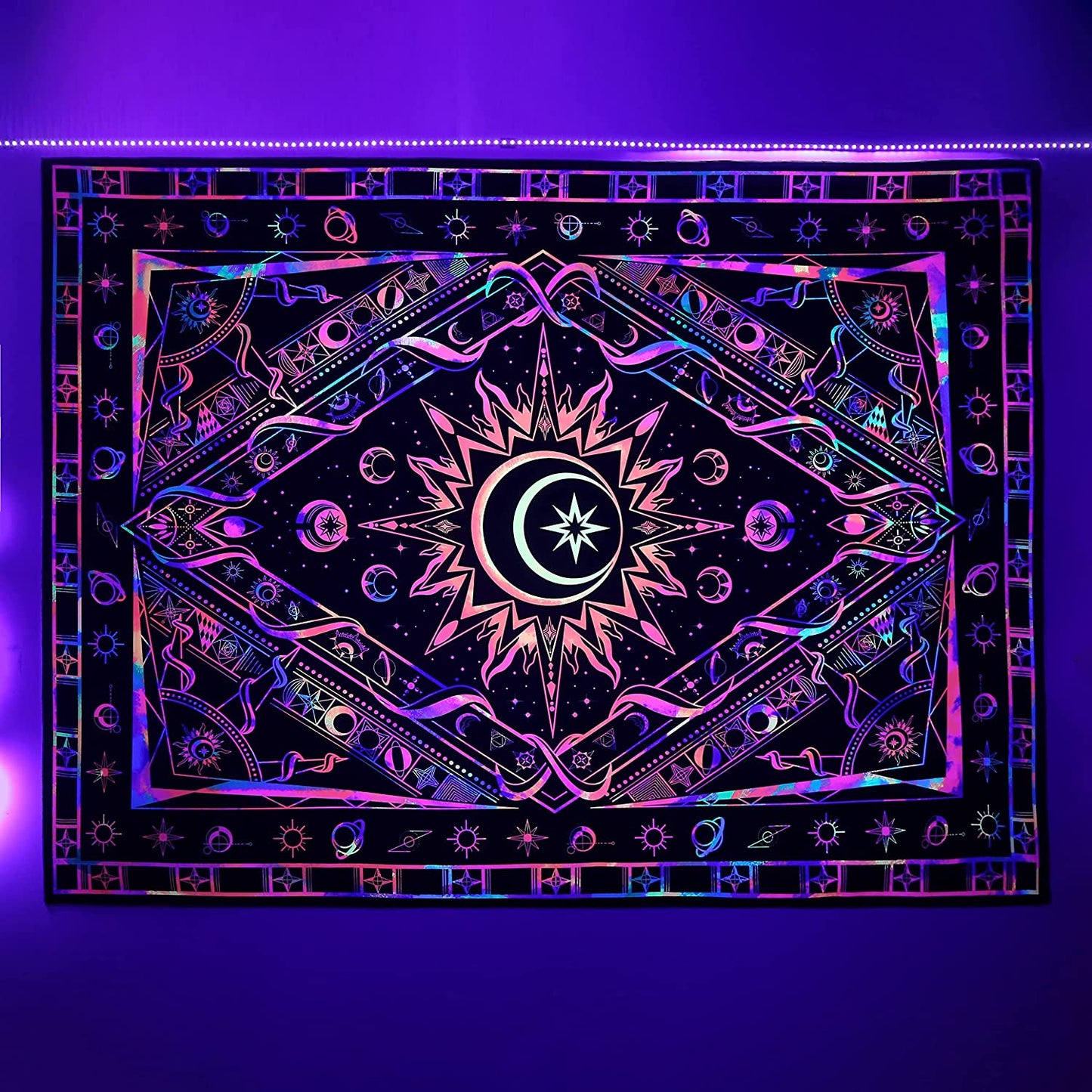 Luminous Sun Moon Tapestry Black Light Colorful Background Uv Reactive Hippie Boho Tapestry Burning Sun Psychedelic Tapestry