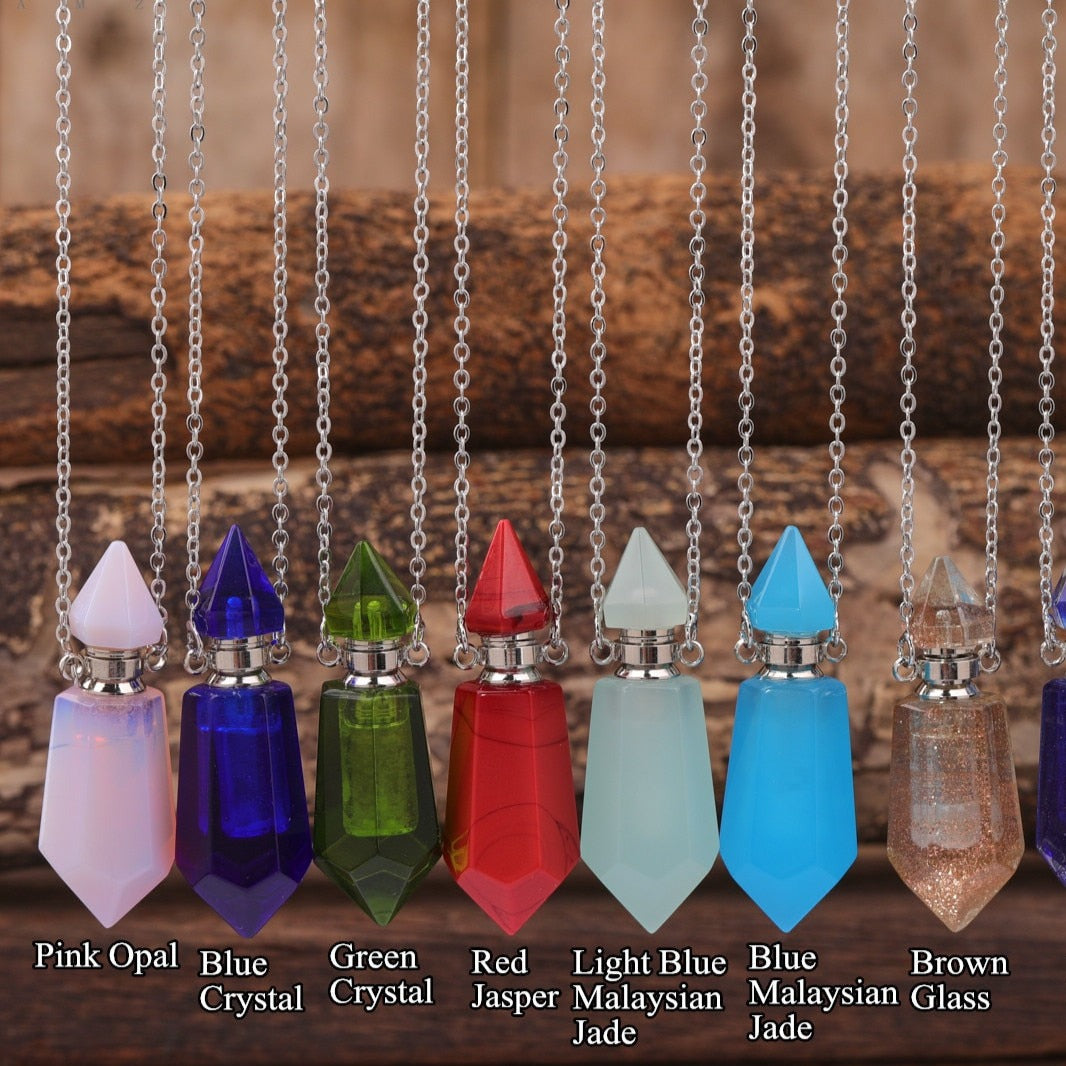 Natural Gems Stone Faceted Prism Perfume Bottle Pendants Necklace,Cut Hexagon Points Crystal Essential Oil Diffuser Vial Charms
