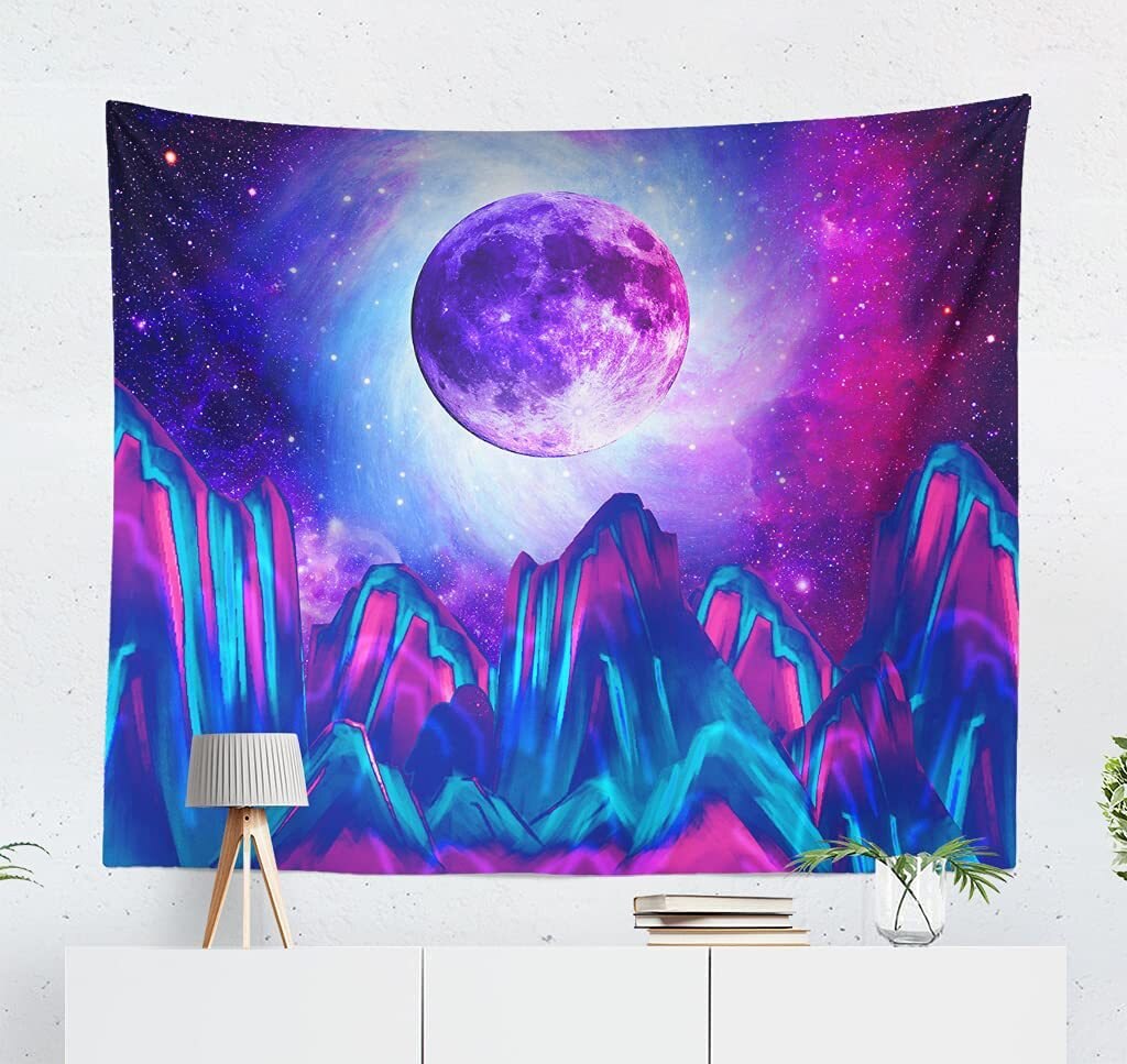 Mountain Moon Psychedelic Tapestry Milky Way Hanging Cloth Uv Reactive Universe Space Blue Starry Sky Wall Hanging Room Decor