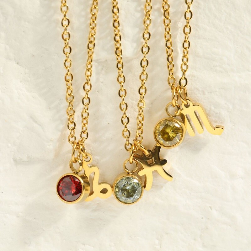 12 Constellation Birthstone Stainless Steel Necklace - Pendant | Astrology Jewelry