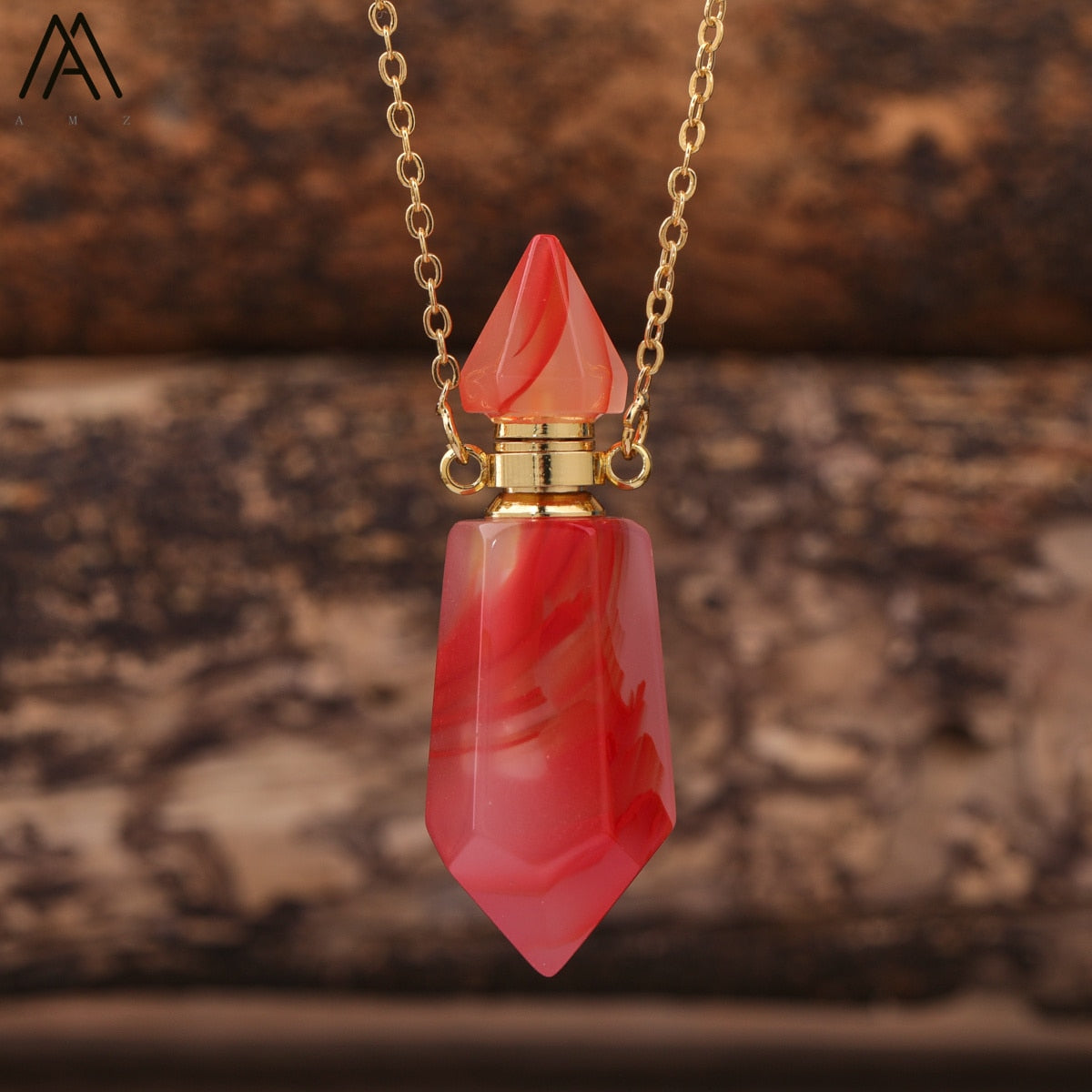 Natural Gems Stone Faceted Prism Perfume Bottle Pendants Necklace,Cut Hexagon Points Crystal Essential Oil Diffuser Vial Charms