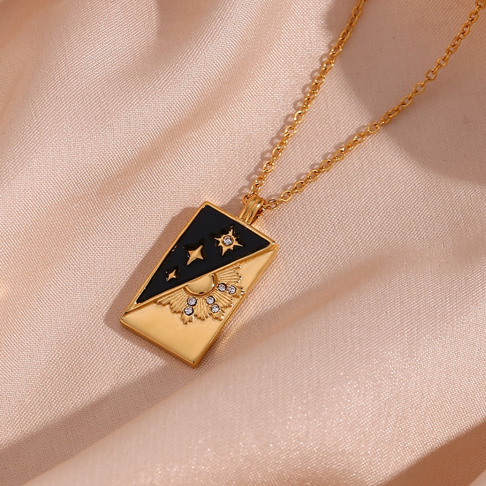 Starry Gold Black & White Dainty Necklace | Celestial Design - Stars and Moon | Tarot Card - Astrology Jewelry