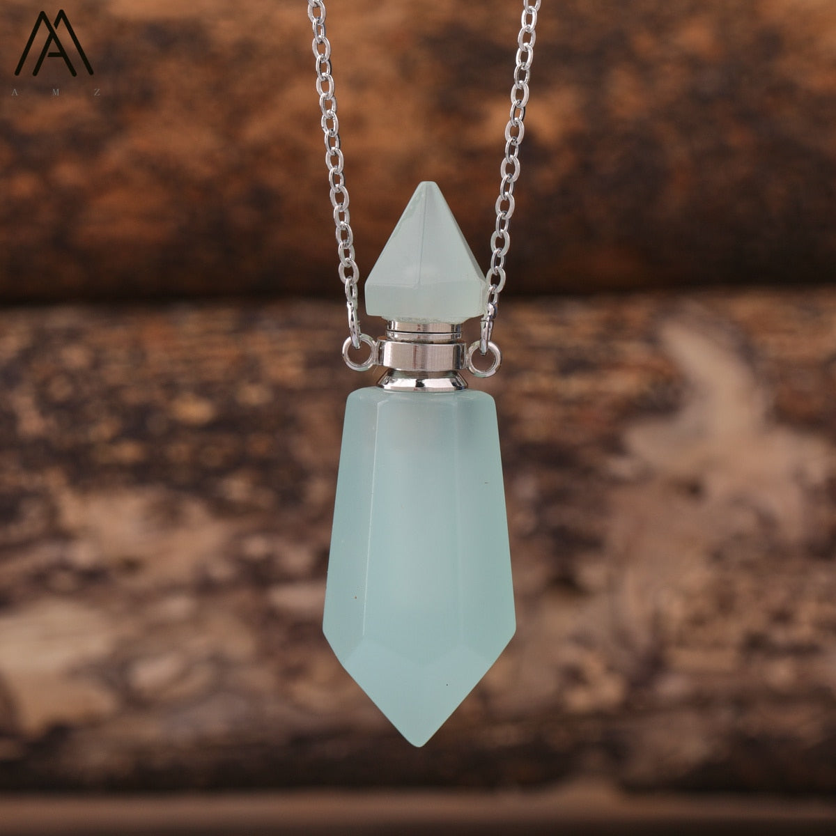 Natural Gems Stone Faceted Prism Perfume Bottle Pendants Necklace,Cut Hexagon Points Crystal Essential Oil Diffuser Vial Charms