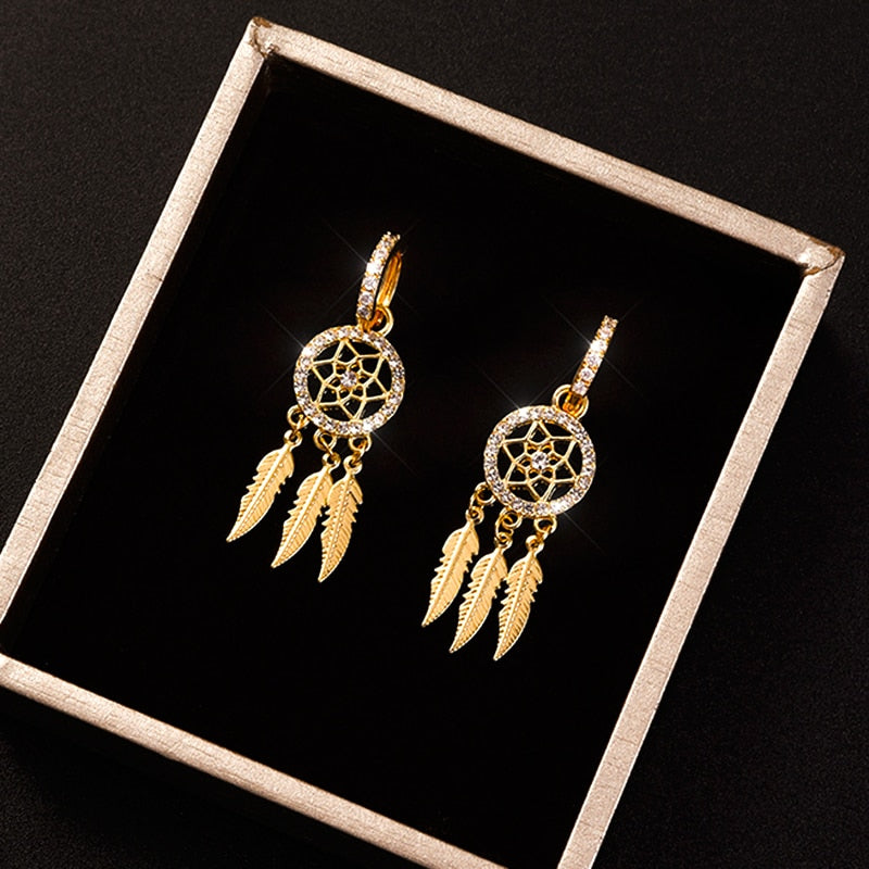 14k Gold Feather Dream Catcher Drop Earrings for Women | Spiritual Jewelry