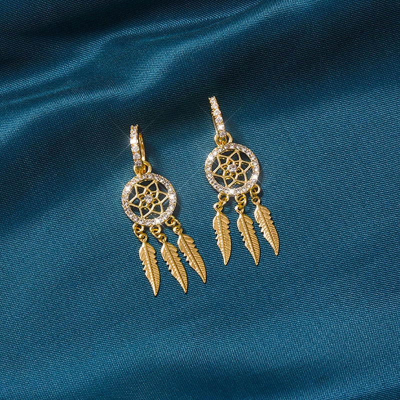 14k Gold Feather Dream Catcher Drop Earrings for Women | Spiritual Jewelry