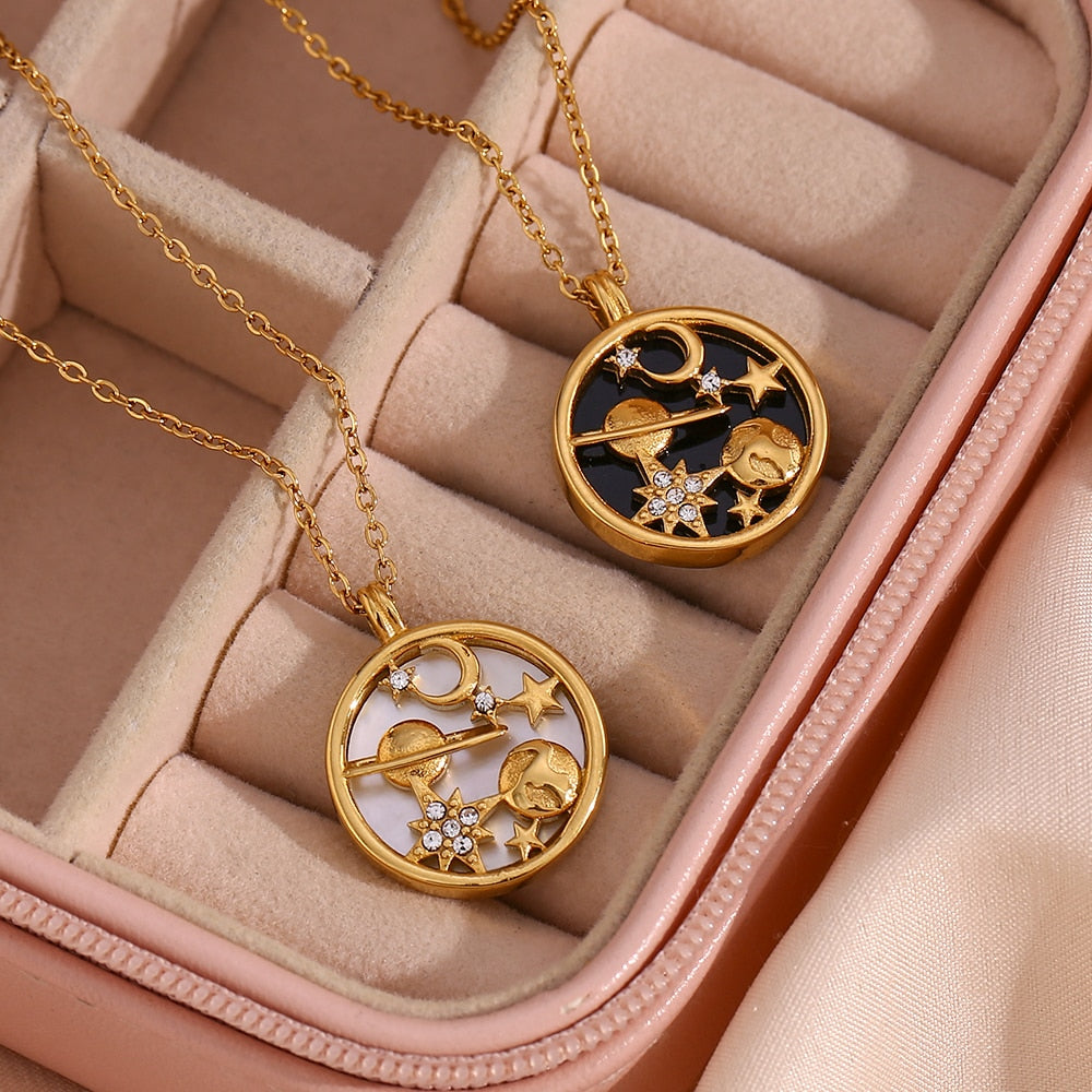 Dainty Starry Gold Astrology Necklace | Black & White Round Moon and Star | Jewelry