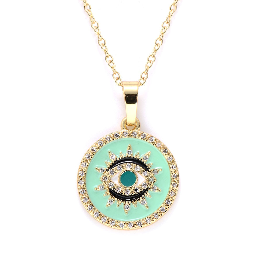 Gold Evil Eye Necklace, Circle Pendant (Green) | Spiritual Jewelry