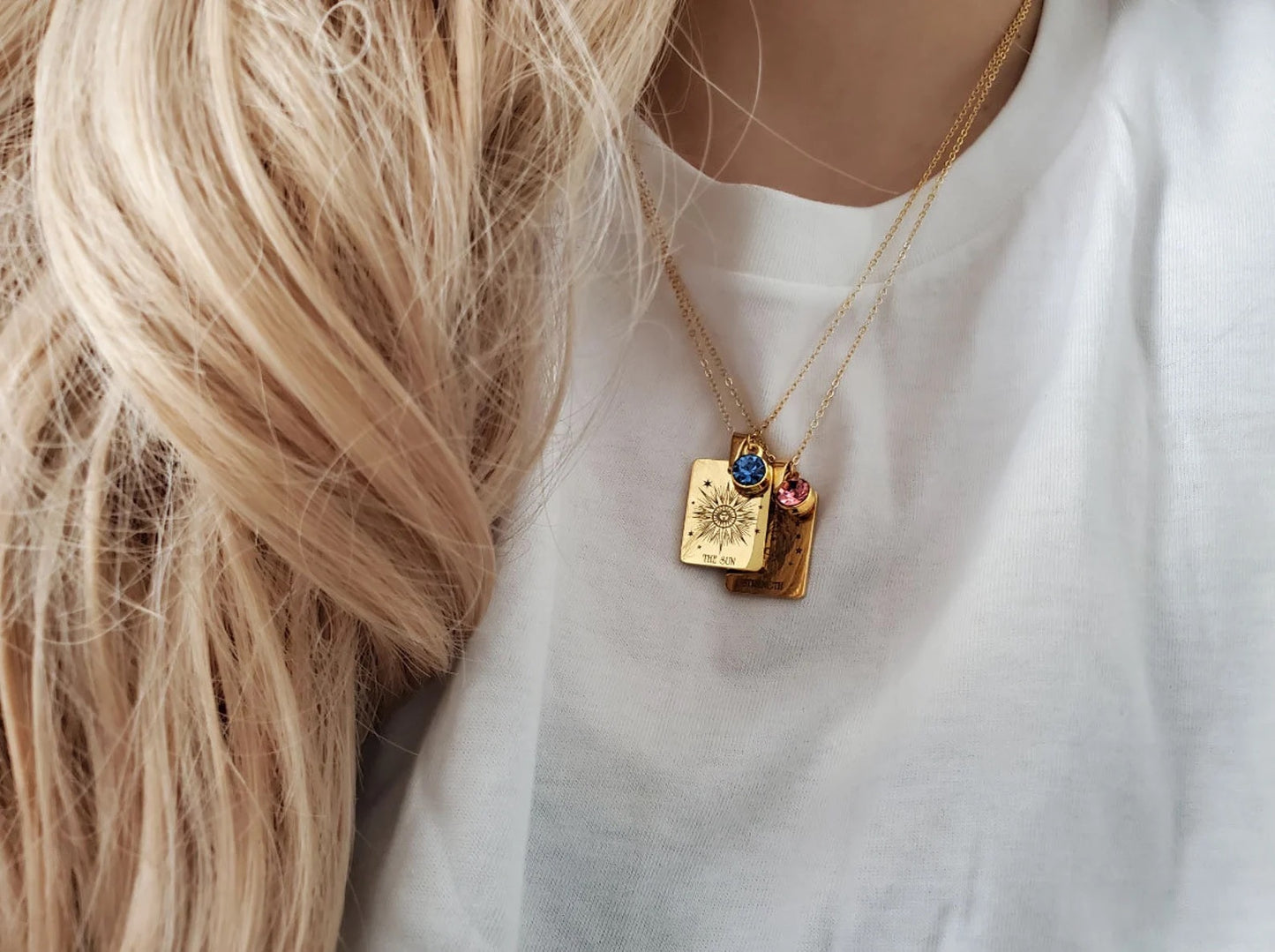 Gold Tarot Card & Birthstone Necklace-Pendant | Major Arcana Design , Handmade