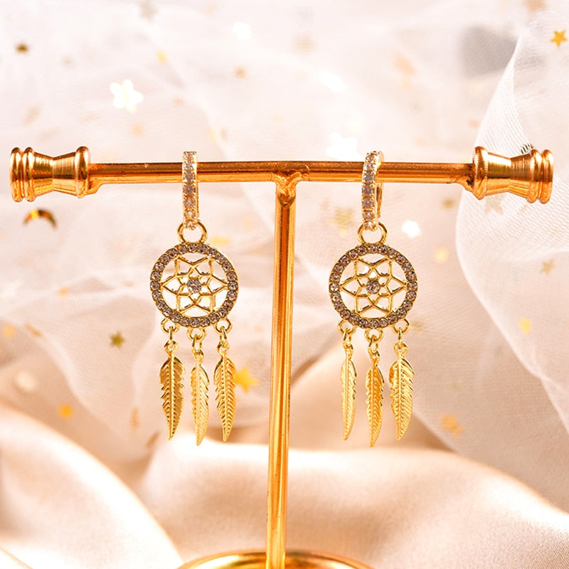 14k Gold Feather Dream Catcher Drop Earrings for Women | Spiritual Jewelry
