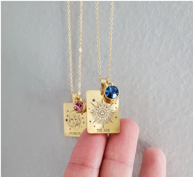 Gold Tarot Card & Birthstone Necklace-Pendant | Major Arcana Design , Handmade