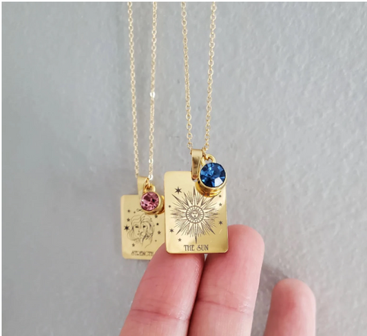 Gold Tarot Card & Birthstone Necklace-Pendant | Major Arcana Design , Handmade