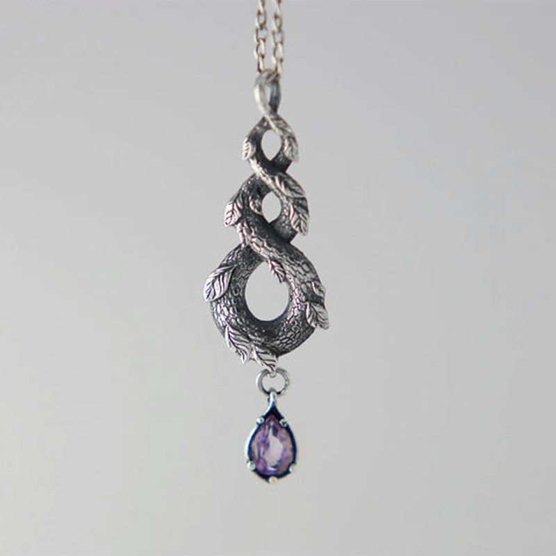 Vintage Forest Snake Crystal Necklace | Amethyst Crystal - Pendant for Spiritual Women, Chakra Healing