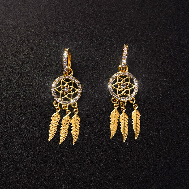 14k Gold Feather Dream Catcher Drop Earrings for Women | Spiritual Jewelry