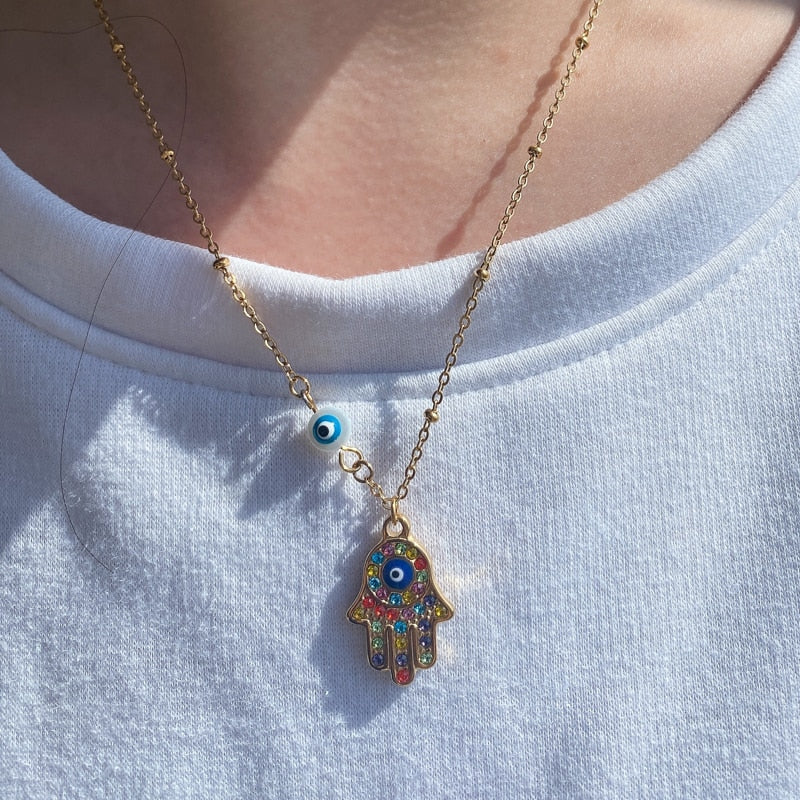 Stainless Steel Zircon Evil Eye Pendant Necklace