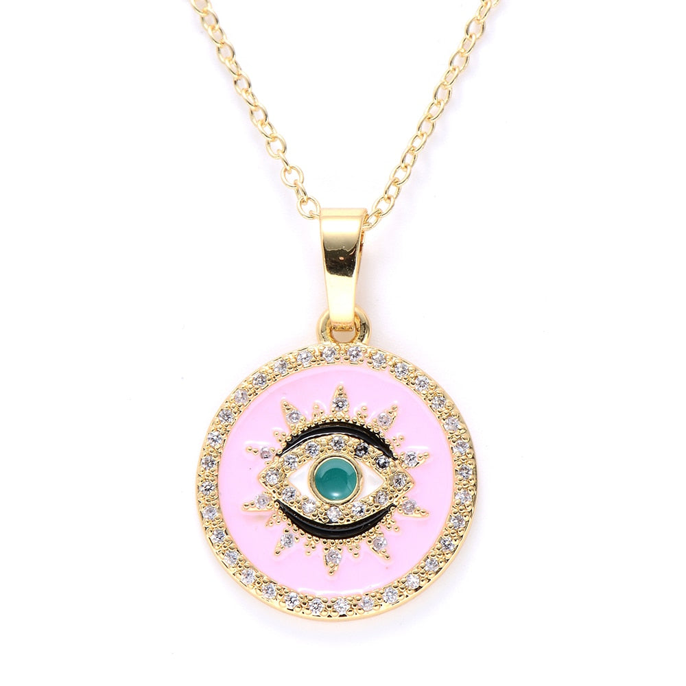 Gold Evil Eye Necklace, Circle Pendant (Pink) | Spiritual Jewelry