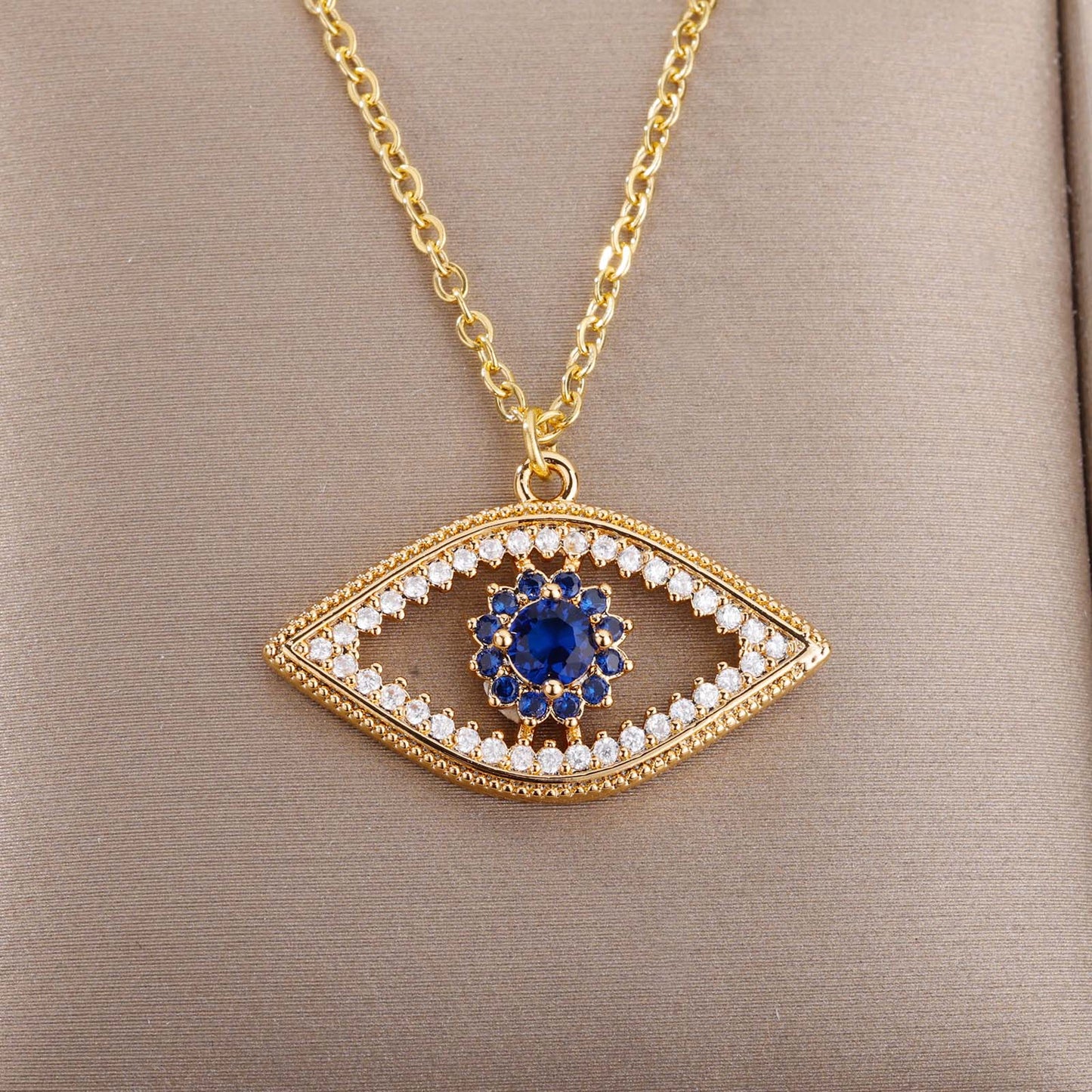 Turkish Evil Eye Gold Pendant Necklace for Women | Natural Crystal Cubic Zirconia