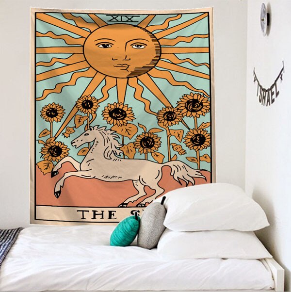 Mandala Tarot Card Pattern Blanket Tapestry Wall Hanging Tapestries Bedroom Bedspread Throw Cover Sun Moon Wall Decor 95x73CM