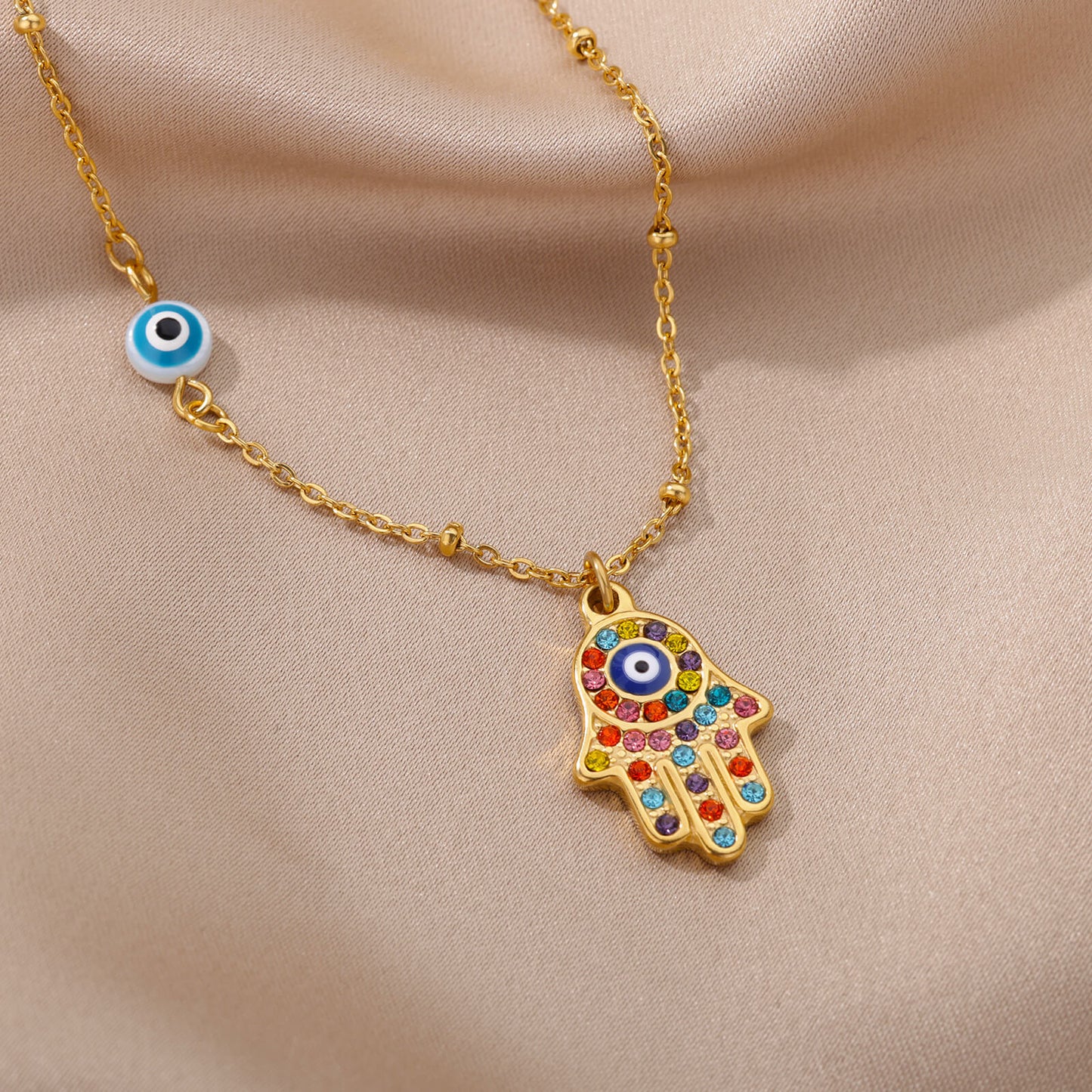 Stainless Steel Zircon Evil Eye Pendant Necklace