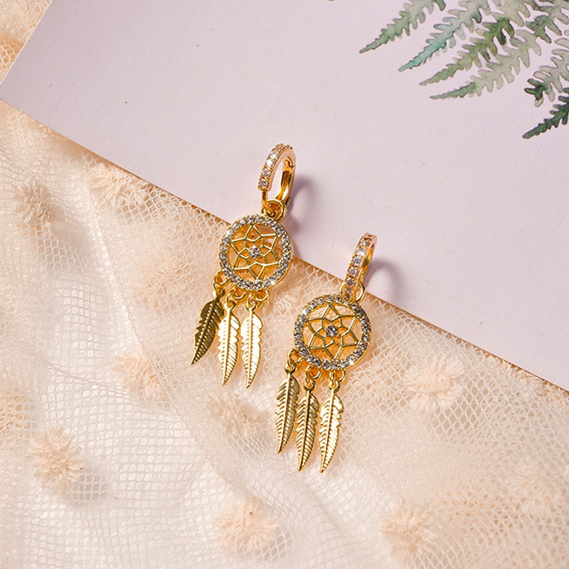 14k Gold Feather Dream Catcher Drop Earrings for Women | Spiritual Jewelry