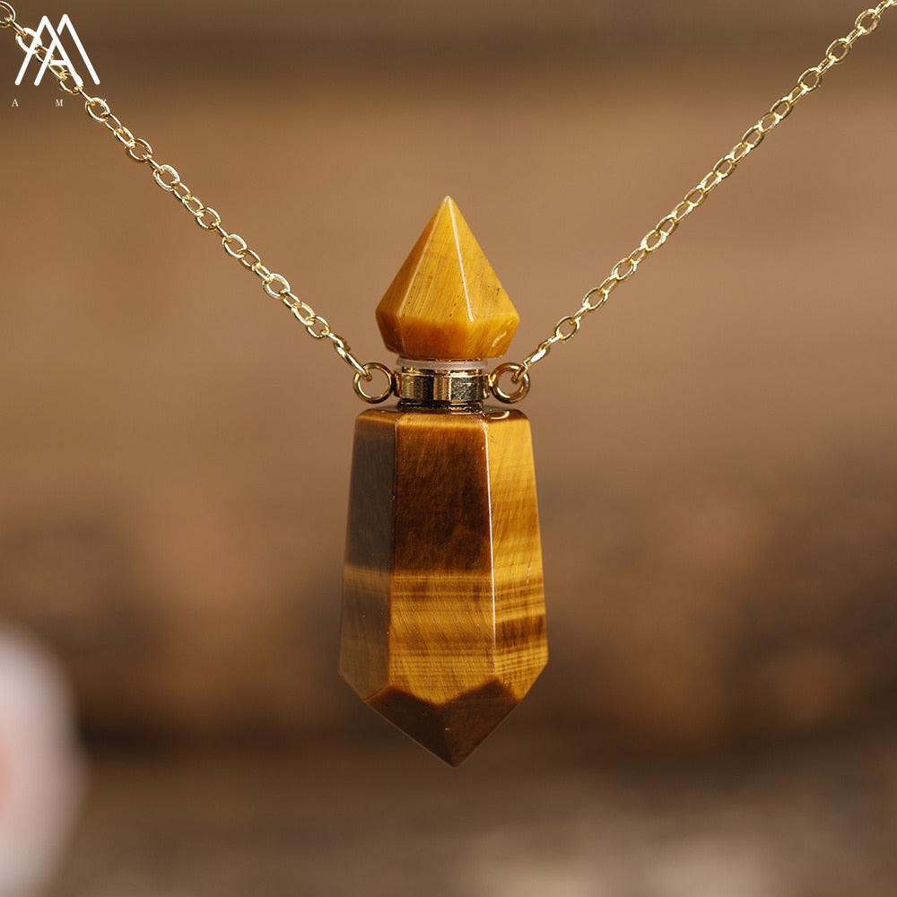 Natural Gems Stone Faceted Prism Perfume Bottle Pendants Necklace,Cut Hexagon Points Crystal Essential Oil Diffuser Vial Charms